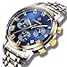 WISHDOIT Mens Fashion Stainless Steel Waterproof Analog Quartz Watches Casual Sport Watch for Men Chronograph Date Dress Gents Wrist Watch Gold Blue