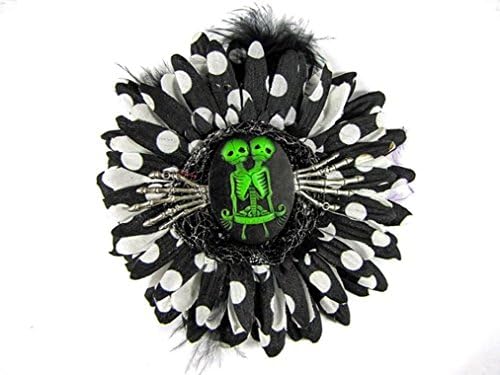 Nick's Bows Black PolkaDot &amp; Black Feather w Green Conjoined Twins Cameo &amp; Silver Hands Edgar Allen Poe Hair Clip