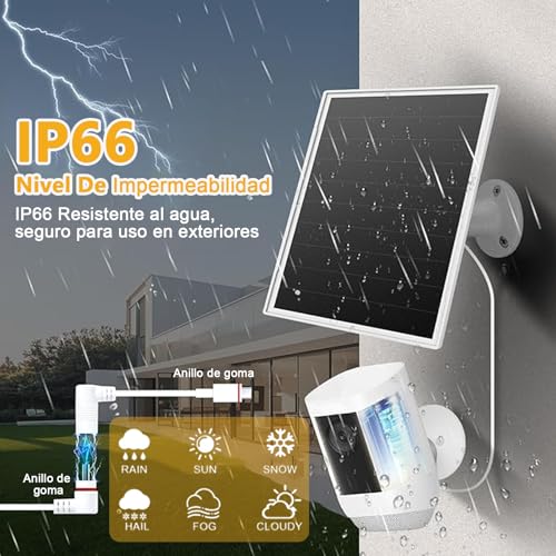 Cargador solar ring de 6W/5V,compatible con toda la gama de cámaras Ring(no compatible con cámaras sin baterías),viene con un puerto DC35+Tipo-C,un cable de carga de 1x3m y es resistente al agua IP66