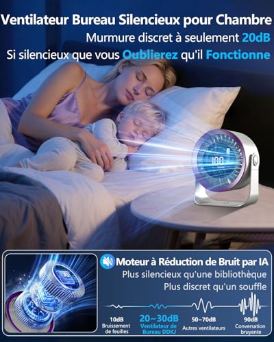 DDKJ Silent Desk Fan 20dB, 100 Speed, 360° Rotation, LED Display, 4000mAh USB-C Rechargeable Battery, 3.5-13 Hour Battery Life, Smart Operation, for Bedroom Dorm Kitchen Office