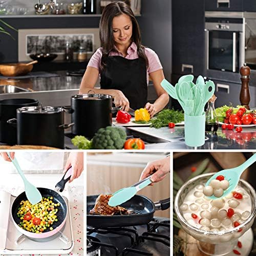 Aschef Ensemble d'Ustensiles de Cuisine en Slicone, Lot de 11 Ustensile de Cuisine Pratique et Robuste avce le Rangement, Anti-Adhésive, Kit Ustensile Cuisine Complet avec Spatule, Couleur Bleu