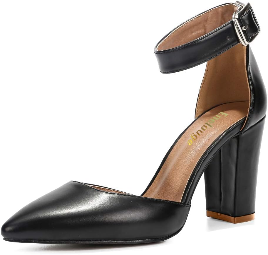 Enelauge Women's Pointed-Toe Ankle Strap High Chunky Block Heel Dress Pump Shoes