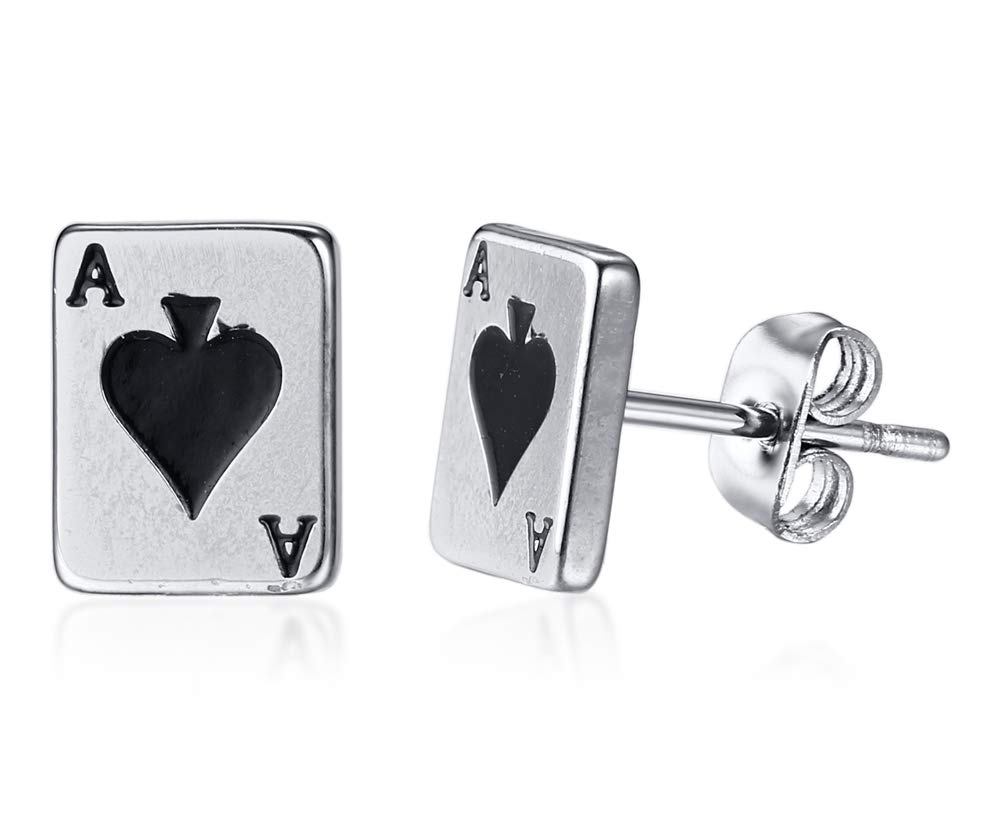 VNOX Stainless Steel Ace of Spades Engraved Poker Card Straight Flush Studs Earring for Men Women