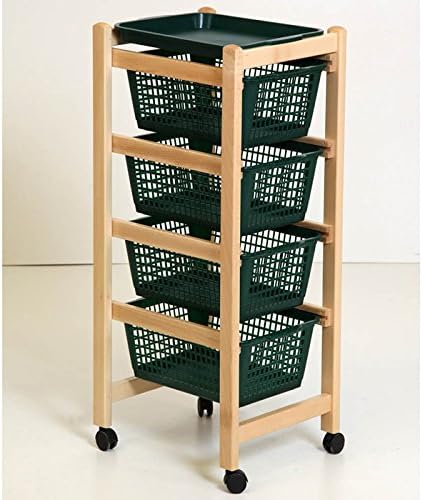 Fruit Trolley in Solid Wood, Natural Colour with 4 Wheels and Baskets