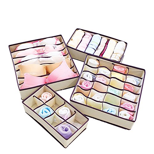 KIMIANDY Foldable Storage Boxes, Bra Organizer, Closet Underwear Organizer, Upgrade Sturdy Collapsible Drawer Divider for Socks Panties Bra Ties Clothing, Set of 4