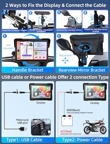 Jansite 7 Inch Carplay Moto with 2 Power Methods, Android Auto GPS Navigator with Waterproof Motorcycle Screen 2.5D IPS, Bluetooth Dual Siri/G-oogle Assistant