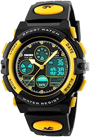 Kids Unusual Analog Quartz Dual Time Zone Digital Outdoor Sport Waterproof PU Resin Band Watch with Alarm, Chronograph, EL Back Light, Classic Design Calendar Date Window, for Boys Girls - Yellow