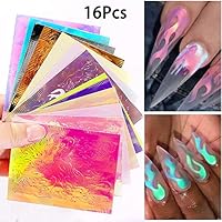 16PCS Holographic Fire Flame Nail Stickers - Thanksgiving Flame Reflections Nail Art Decals 3D Vinyls Nail Stencil for Nails Manicure Tape Adhesive Foils DIY Decoration
