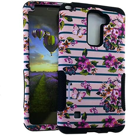 LG LS775 Case, Impact Rugged Hard Cover, Silicone Rubber Soft Skin with Kickstand (Black Butterfly Flower Leaves TE963)