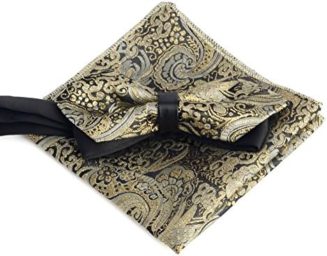FXICAI Pre-Tied Tuxedo Bow Tie,Fashion Handkerchief Pointed Cravat Set (Gold)