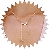 Yheakne Boho Moon Star Drop Necklace Gold Star Lariat Necklace Choker Crescent Pendant Necklace Personlized Necklace Jewelry for Women Gifts (Gold)