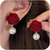 Cute Red Rose Pearls Dangly Earrings for Women Vintage Velvet Pearl Balls Pearl Flower Dangling Earring Trendy Prom Party Statement Floral Jewelry