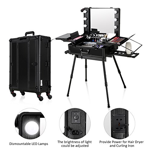 Ovonni LED Makeup Train Case, Lighted Rolling Travel Portable Cosmetic Organizer Box with Mirror & 4 Detachable Wheels, Professional Artist Trolley Studio Free Standing Workstation, Black - Thumbnail 2