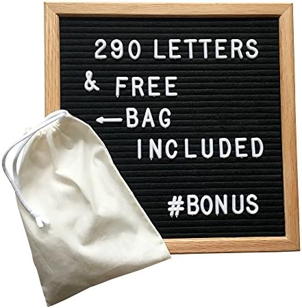 Letter Board - 10 x 10 inch Oak Wood Frame with Stand - Changeable Felt Letter Board Includes 290 White Letters, FREE Bag for Letters, Easy Mounting Hook, PLUS Stand