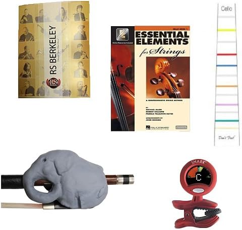 Cello Players Instructional Pack (For 4/4 Full Size Cello)- Essential Beginners Pack for the Cello Includes: Grey Cellophant Bow Hold Cello Teaching Aid, Don't Fret Position Indicator for 4/4 Size Cello, Band Folder, Essential Elements 2000 Book 1 for Cello, &amp; Tuner &amp; Metronome