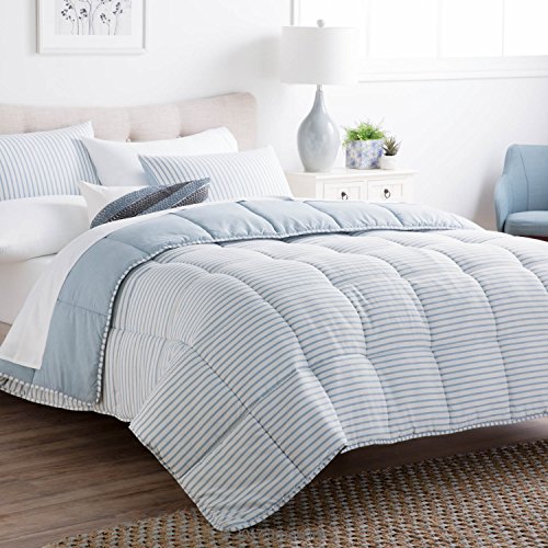 BROOKSIDE Striped Chambray Comforter Set - Includes 1 Pillow Sham - Reversible - Down Alternative - Hypoallergenic - All Season - Box Stitched Design - Twin - Calm Sea Blue