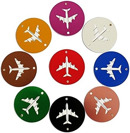NDHT 9 Different colors Aluminum Air Plane Pattern Round Travel Luggage Bag Tags,Baggage Handbag ID Tag Name Card Holder with Key Ring