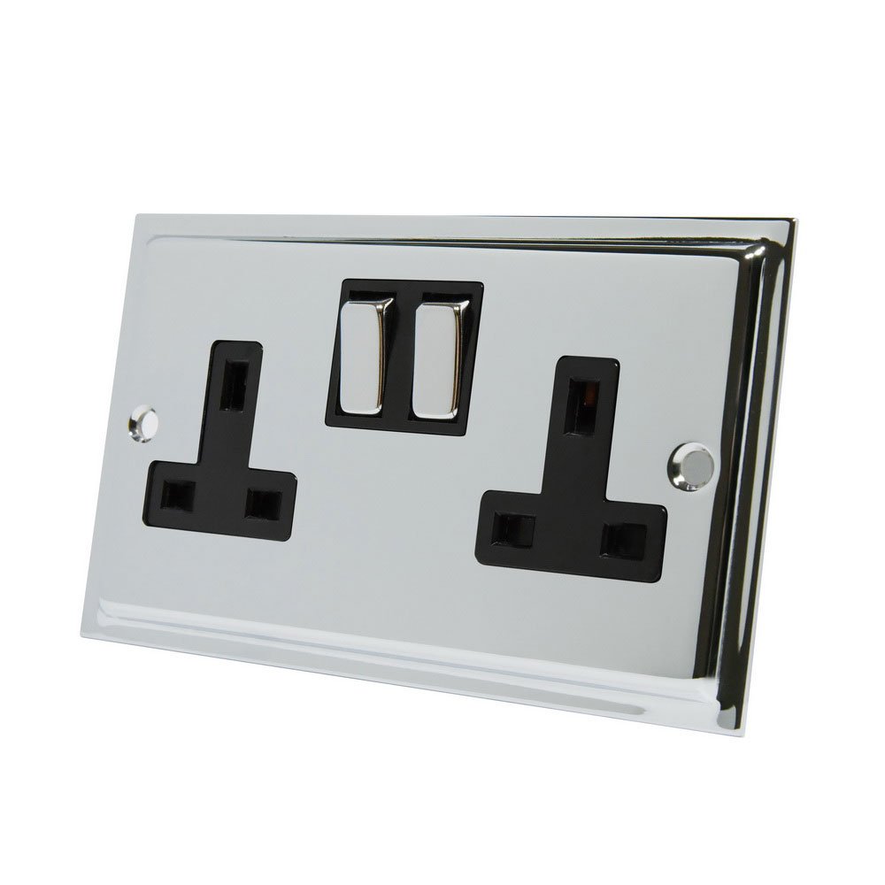 Slimline Polished Chrome 2 Gang Socket Black Insert Metal Rocker Switches - 13 Amp Double Plug Socket
