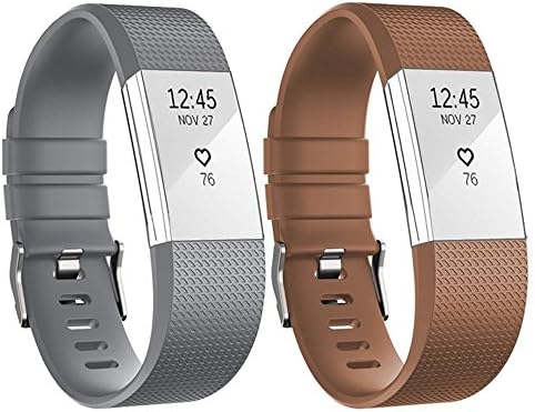 Fitbit Charge 2 Bands Classic Fitness Wristband Sports Smart Watch Soft Silicone Adjustable Replacement Strap Band Accessory Easy Cleaning (Coffee,Grey)