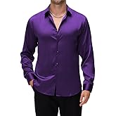 Damipow Satin Silk Mens Dress Shirts Long Sleeve Button Up Shirt Wedding Party Prom Shirt