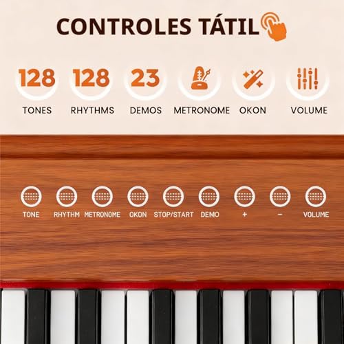 VEDO Piano Digital Infantil 37 Teclas, 128 Timbres, 128 Ritmos, 23 MúSicas De DemonstraçãO, Instrumento Musical Educativo, Madeira De Carvalho, Adequado Para Meninos E Meninas A Partir De 3 Anos
