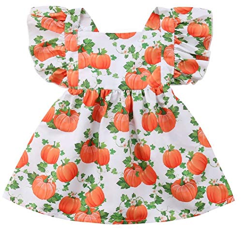 Toddler Little Girls Halloween Pumpkin Print Dress Toddler Ruffle Printed Princess Dress (2-3 Years, White)