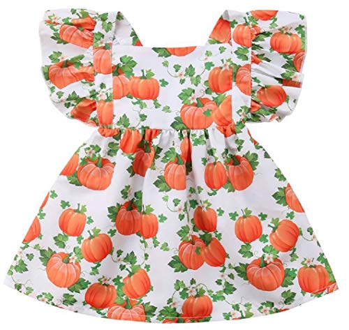 Toddler Little Girls Halloween Pumpkin Print Dress Toddler Ruffle Printed Princess Dress (1-2 Years, White)