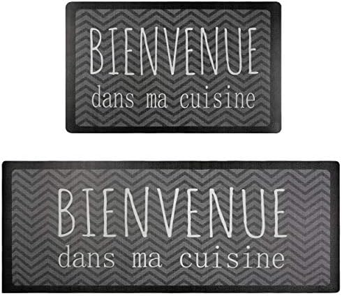 Aonewoe Set of 2 Kitchen Mats Classic Comfort Chef Soft Non-Slip Waterproof Rubber Carpet Kitchen Floor Dry Mats Cushioned Oil Proof Doormat Runner Rug Washable Durable (45x75+45x120CM, Black)