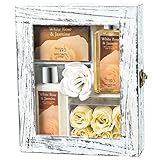 White Rose Jasmine Spa Gift Set for Her, Luxury Skincare,Body Lotion, Shower Gel, Bath Salts, 6 White Rose Soap, Puff Enhanced with Shea Butter Vitamin E, Aromatherapy Mothers Day Gift