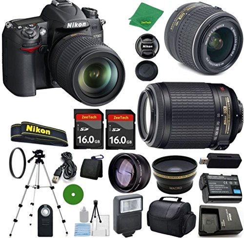 Nikon D7000 International Version - No Warranty, 18-55mm f/3.5-5.6 DX VR, Nikon 55-200mm f4-5.6G ED VR Nikkor, 2pcs 16GB ZeeTech Memory, Case, Wide Angle, Telephoto, Flash