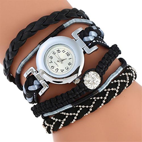 Fashion Strap Bracelet Women Watch Crystal Ball Charm Braided Quartz Wristwatch Black