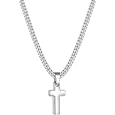 Fiusem Cross Necklace for Men, Silver Tone/Black/14K Gold Plated Mens Cross Necklaces with 3.5mm Chain and Stainless Pendant, Cuban Chain 16-24 Inches