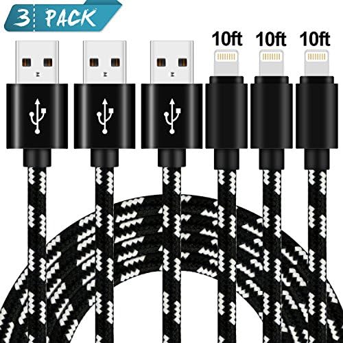 AZION Lightning Cable 3Pack 10FT Nylon Braided Certified iPhone Cable USB Cord Charging Charger for iPhone X 8 7 Plus 6S 6 SE 5S 5C 5, iPad 2 3 4 Mini Air Pro, iPod Nano 7 cacwdf15