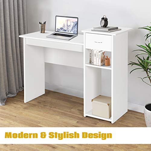 Tangkula White Desk with Storage Drawer & Shelves, Compact Desk for Small Space, Modern Wooden