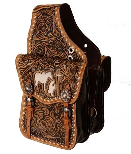Showman Floral Tooled Leather Saddle Bag w/Cutout Praying Cowboy & Genuine Cowhide Inlay! NEW HORSE TACK!