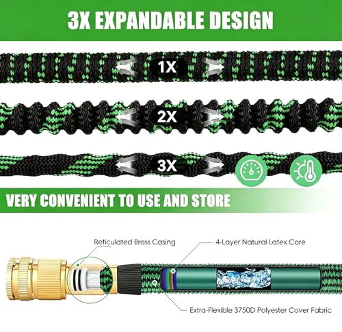 NIUCNIU Expandable Garden Hose Pipe 100FT/30M, 10-Pattern Spray Nozzle, Brass Fittings 1/2" & 3/4", Durable 3750D Fabric, 4-Layer Latex Core, Hose Pipe for Gardening, Car Cleaning, Black&Green
