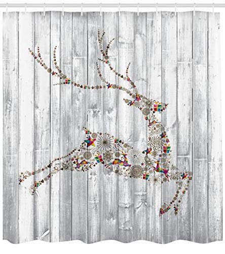 ABAKUHAUS Deer Shower Curtain, Colorful Animal Silhouette Various Christmas Elements Wooden Planks Theme, Cloth Fabric Bathroom Decor Set with Hooks, 175 x 200 cm, Multicolored Gray — image 1