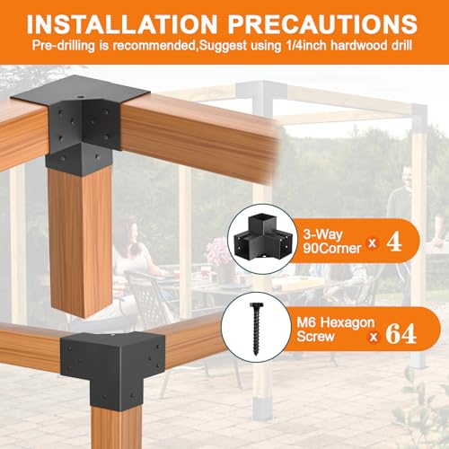 ORIGLE 6x6 Pergola Brackets, 3-Way, 5.6 x 5.6 in Inner, 4 Pack | 2 mm Powder-Coated Steel Corner Connectors with Screws for DIY Gazebos, Patio Covers, Log Cabins and Courtyards
