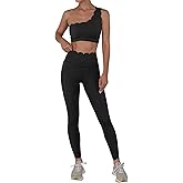 Fisoew Workout Sets for Women 2 Piece High Waisted Leggings with One Shoulder Stretchy Sports Bra Gym Tracksuits