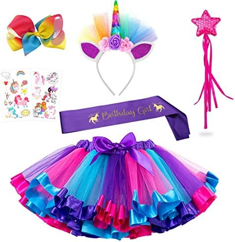 Shinelee 7 PCs Unicorn Rainbow Tutu Skirt Headband Fairy Wand Birthday Girl Sash Hair Bow Tattoos Unicorn Birthday Party Gifts for Girls (B-Purple)