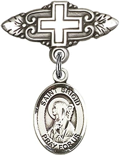 Sterling Silver Baby Badge with St. Brigid of Ireland Charm and Badge Pin with Cross 1 X 3/4 inches