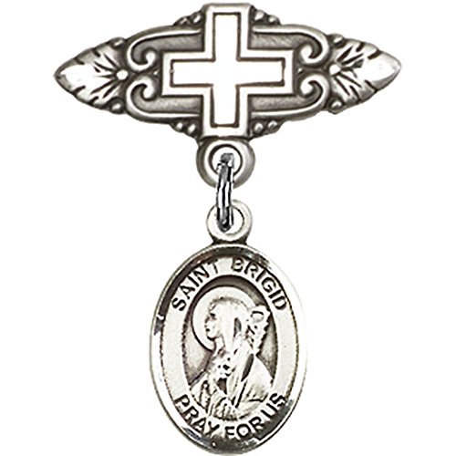 Sterling Silver Baby Badge with St. Brigid of Ireland Charm and Badge Pin with Cross 1 X 3/4 inches