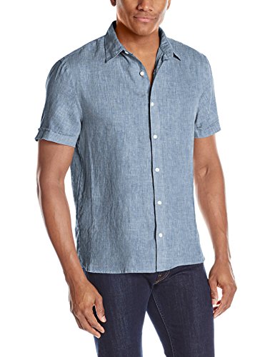 Perry ellis men s short sleeve solid linen shirt, colony blue, ex…