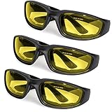 3-Pack Motorcycle Glasses - Foam Padding - Anti-Wind & Dust - Polycarbonate Lens (Yellow)