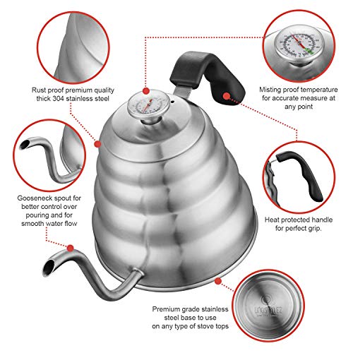 Gooseneck Tea Kettle Stovetop (1.2L 40fl oz) with Thermometer for Pour Over Coffee Brewing