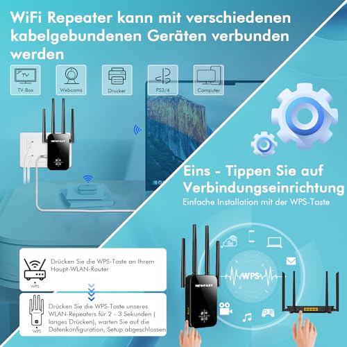 NEWFAST WLAN Amplifier, 1200 Mbps WLAN Repeater Dual-Band WiFi Extender with 4 Swivelling Antennas, WPS,MU-MIMO, Support Repeater/Router/Ap Mode for Home and Office, 1-Tip Setup, EU Plug