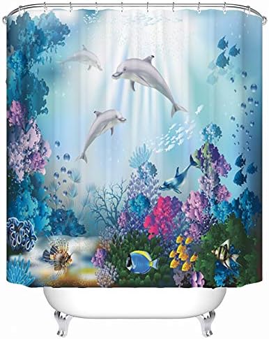Maxwelly Mysterious Undersea World Shower Curtain Dolphin Bathroom Shower Curtain Fishes Corals Sea Creatures Bath Curtain Sets with Hooks, 72 x 72 Inch, Colorful