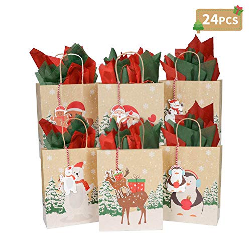 OurWarm 24Pcs Kraft Christmas Gift Bags, Holiday Gift Bags with Christmas Tags, Paper Treat Bags Goody Bags for Christmas Party Favors,9 x 7 x 3.5 Inch