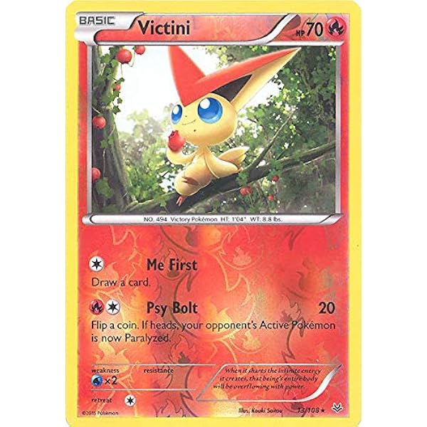 Amazon Com Pokemon Victini 13 108 Xy Roaring Skies Reverse Holo Toys Games