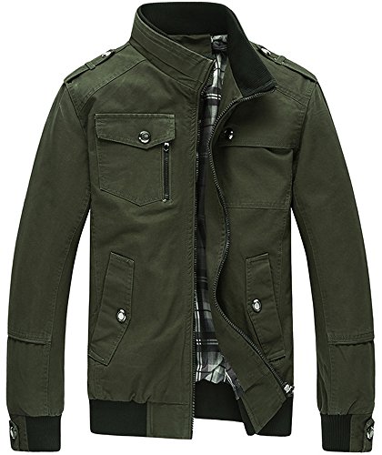 Men's Long Sleeves Classic Military Style Multi Pockets Zip Up Chino Cotton Cargo Bomber Jacket Coat Outwear Olive Green M/40=Tag 2XL